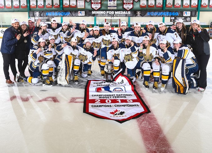 GOLDEN GIRLS – The St. Albert Slash are in a league of their own as winners of an unprecedented three consecutive Esso Cup midget AAA female national championships. The first team from Alberta to win the Esso Cup in 2017 and the first team to repeat last year finished 36-5-2 overall after beating the host Sudbury Wolves 4-1 in Saturday's gold-medal game. The Slash are 17-3-1 during the Esso Cup three-peat after going 4-2-1 at this year's six-team tournament. The roster consists of nine returnees from the 34-11-1 Hockey Alberta Team of the Year in 2018, featuring the original five from the 38-4-1 champions in 2017 as the first team to go 7-0 at nationals.
ALEX D'ADDESE/Hockey Canada Images