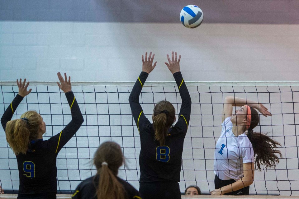 ATTACKER – Samantha L'Heureux of the Paul Kane Blues swings into action against the St. Albert Skyhawks in Monday's metro Edmonton division one senior women's match at Paul Kane. The Blues (1-6) lost 23-25, 21-25, 17-25. Today at 5:30 p.m. the Blues host the St. Francis Xavier Rams (3-4). CHRIS COLBOURNE/St. Albert Gazette