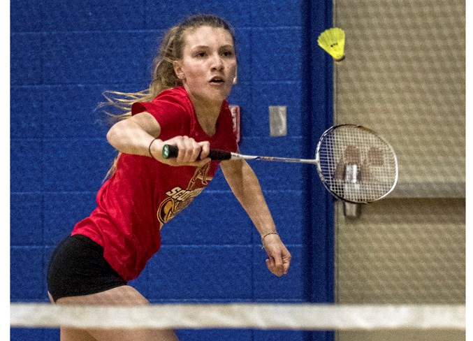 STRIKER – Jacalyn Cyr of the Alexandre-Tache Scorpions lines up a shot in women’s singles against the St. Albert Skyhawks in Wednesday’s division four match at the SkyDome. The Scorpions (4-7) are sixth in the eight-team metro Edmonton standings. League play ends Tuesday against the Edmonton Islamic Academy (1-11) and St. Andre Bessette (7-5) and the playoffs start Wednesday.
DAN RIEDLHUBER/St. Albert Gazette