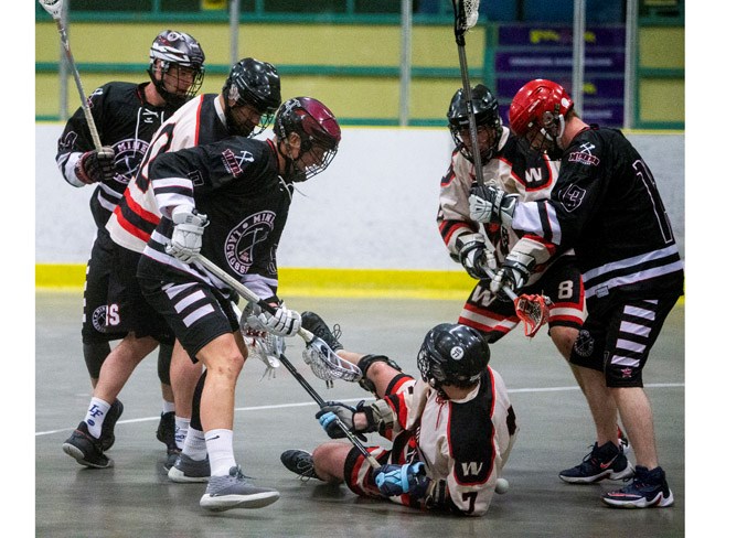 FLOORED – Paul Koch of the Edmonton Warriors is down and out with out the ball against the St. Albert Miners, with Randy Hanger on the right and John Lintz, front, and Graedon Cornfield on the left during Sunday's senior B match on Lacrosse Day in St. Albert. The Miners won 11-3 at Akinsdale Arena and Monday's 8-6 result against the Beaumont Outlaws at Go Auto Arena was the third win in four games for the Miners to start off the season as the three-time defending President's Cup national champions. 
CHRIS COLBOURNE/St. Albert Gazette