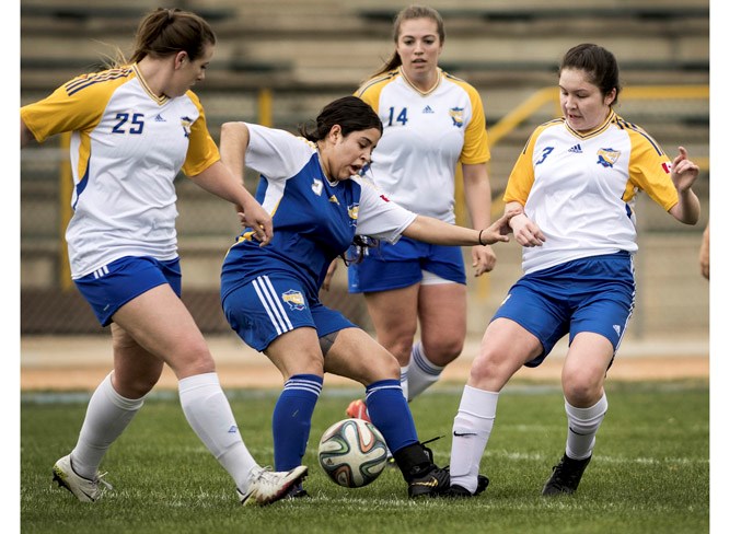 HEMMED IN – Emily Cruz of St. Albert Impact 2 attempts to escape the defensive coverage by Casey Paplawski, left, Hailey MacDonald, right, and Danica Blasius of St. Albert Impact 1 in Tuesday's premier division match in the Edmonton District Soccer Association. Impact 2 defeated last year's second-place EDSA finishers and provincial silver medallists 2-1 at Coronation Park. It was the first match in the outdoor fixtures for Impact 2 while Impact 1 is now 2-1 on the season.
DAN RIEDLHUBER/St. Albert Gazette
