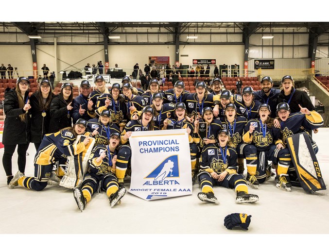 SUPER SLASH – The St. Albert Slash three-peated at the Final Frozen Four by beating the Calgary Fire 5-1 in the Alberta Female Hockey League provincial tournament final Sunday at Go Auto Arena. The Slash are 30-3-1 in league and provincial action with the best-of-three Pacific Region series against the British Columbia champion upcoming in St. Albert. The winner advances to the Esso Cup, April 21 to 27 at Sudbury, Ont. The Slash are back-to-back national champions.
DAN RIEDLHUBER/St. Albert Gazette