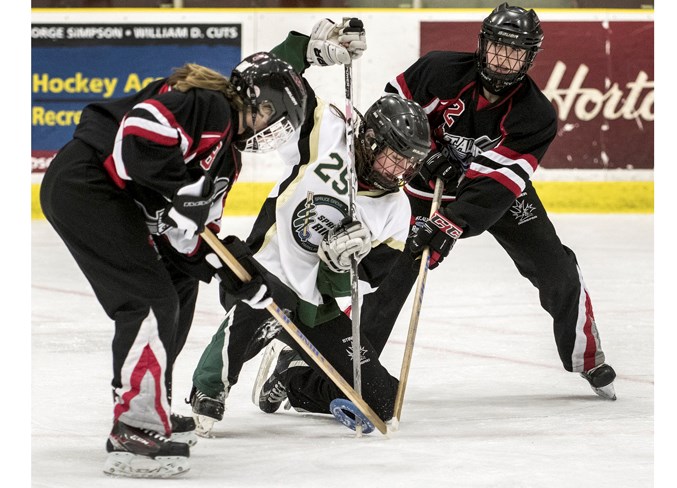 STICKING IT – Natalia Cesarz, left, and Brielle Lajoie of the St. Albert Mission (Team Alberta 2) battle for the ring against Kylee Adamkowski of Team Alberta 4 (Spruce Grove) in Thursday’s U14AA game at the Western Canadian Ringette Championships at Go Auto Arena. The Mission lost 6-5 after starting off pool play in the 10-team division with the 6-3 victory against Team British Columbia 2 at Kinex Arena. Friday’s scores against Team Saskatchewan and Team Manitoba were unavailable at press time. Today’s playoff round includes the crossover semifinals at 8 a.m. at Akinsdale Arena and 8:15 a.m. at Kinex and the finals are 12:45 p.m. for bronze at Akinsdale and 12:30 p.m. for gold at Go Auto Arena. Visit www.2019wcrc.com for the schedule and results.
DAN RIEDLHUBER/St. Albert Gazette