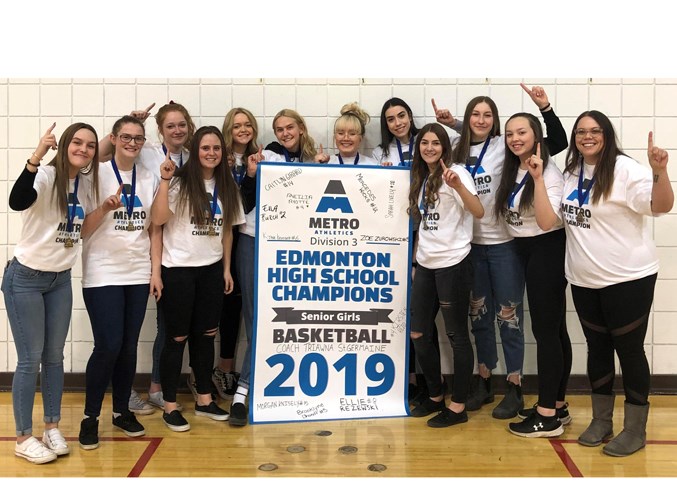 NUMBER ONE – The Bellerose Bulldogs completed the metro Edmonton basketball league season as the division three champions by beating the J. Percy Page Panthers 53-34 in Saturday’s final at Ross Sheppard. The Bulldogs (12-2) and the 2001 city conference team are the only senior women’s metro basketball champions in Bellerose history. The last two years the Bulldogs finished as division three finalists.
Supplied photo