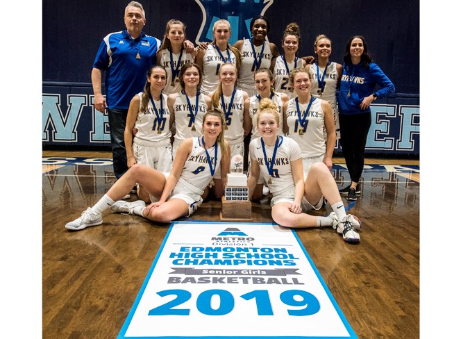 SIMPLY THE BEST – The St. Albert Skyhawks repeated as metro Edmonton division one women's basketball champions in Saturday's 69-49 decision against the Jasper Place Rebels at Ross Sheppard. The Skyhawks finished 13-0 in league play while going 26-5 overall after the 18th victory in a row for the No. 1-ranked 4A high school team in the province. The 16-team provincials tip off March 14 at Jasper Place for last year's bronze medallists.
DAN RIEDLHUBER/St. Albert Gazette