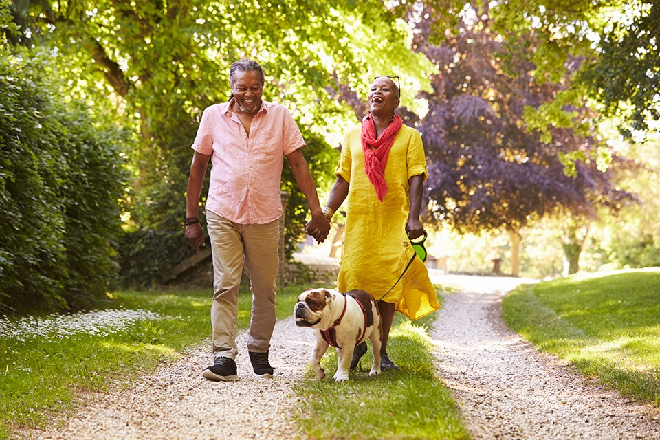 couple-walking-a-dog-in-summer-weather