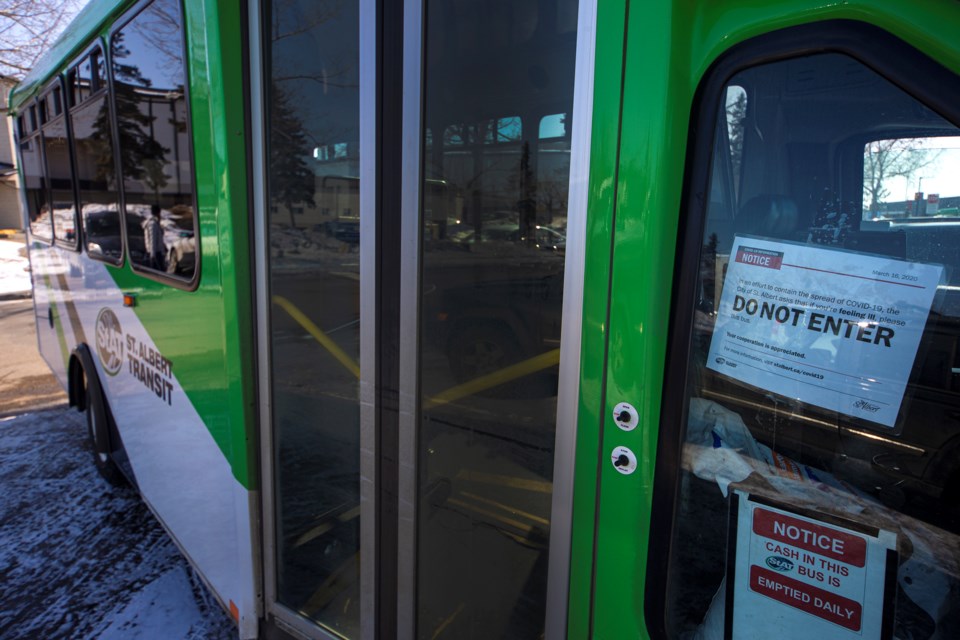 St. Albert Transit has a new COVID-19 related policy limiting bus capacity to 50 per cent. Monday was the first day of the measures, but many of the buses were not achieving 50 per cent capacity anyway, likely due to social distancing measures. CHRIS COLBOURNE/St. Albert Gazette