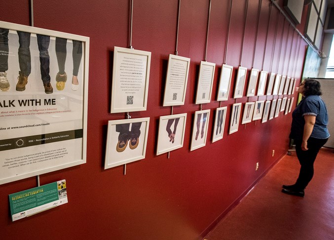 A visitor on March 7 peruses the 'Walk With Me' interactive exhibit that channels the voices of 12 Indigenous people in reconciliation, which is on display in the St. Albert Public Library until the end of March.
DAN RIEDLHUBER/St. Albert Gazette