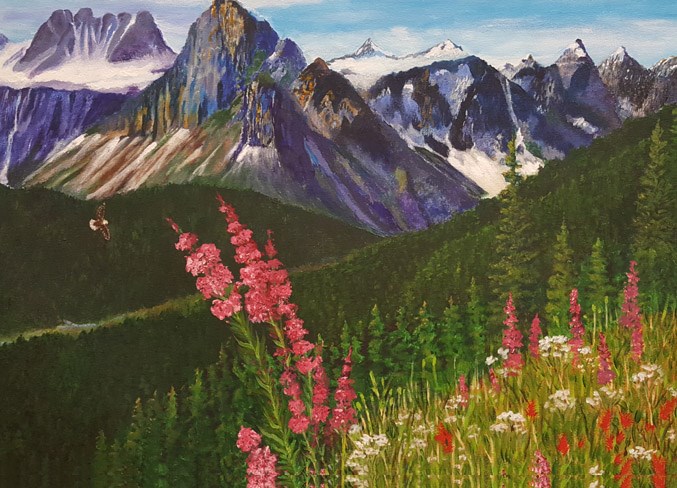 Painters’ Guild member Berni Buyse shares her view of a springtime scene in the mountains for a month-long exhibit at the St. Albert Public Library. She is joined by fellow guild member Susan Casault who also has a series of works in the show.