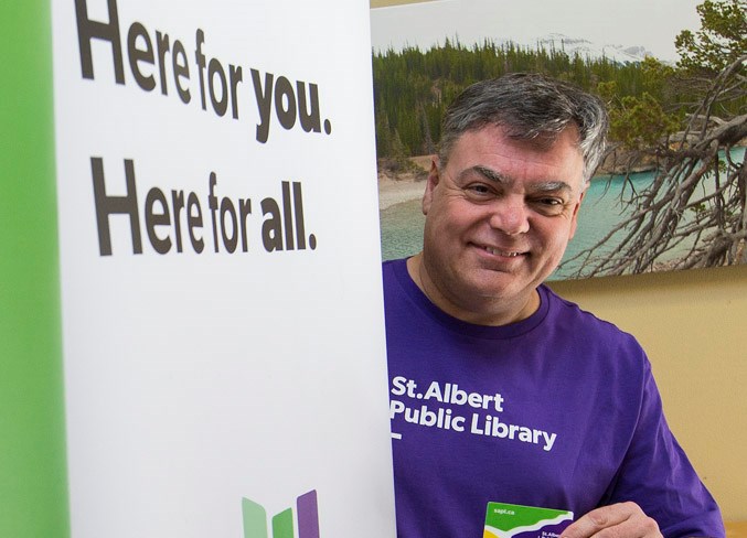 St. Albert Public Library CEO Peter Bailey shows off some of the newly created logos on Thursday. The library is launching a new visual identity campaign this weekend as part of a long-term revitalization project and will show it all off to the public Saturday morning at St. Albert Place.
CHRIS COLBOURNE/St. Albert Gazette