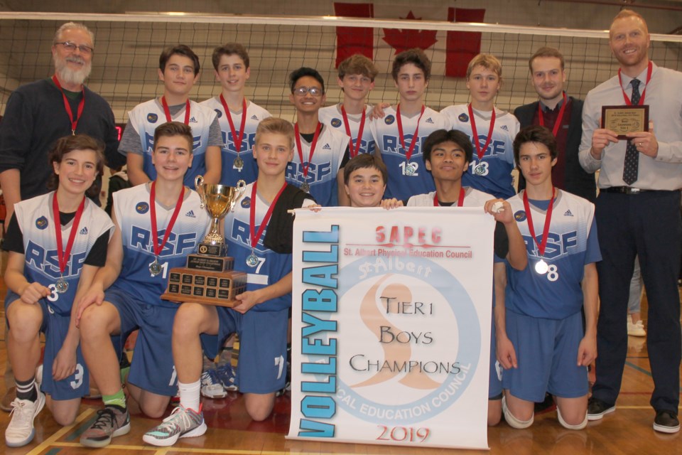 FIRST FOR FOWLER – The Richard S. Fowler Falcons finished the St. Albert Physical Education Council junior high volleyball season undefeated as the winners of the first male Tier I city championship in school history. Fowler (11-0, 33 GW/4 GL) defeated the Lorne Akins Gators (9-2, 28 GW/15 GL) in Thursday's final after losing to the defending SAPEC champions in five sets in last year's final.
JEFF HANSEN/St. Albert Gazette