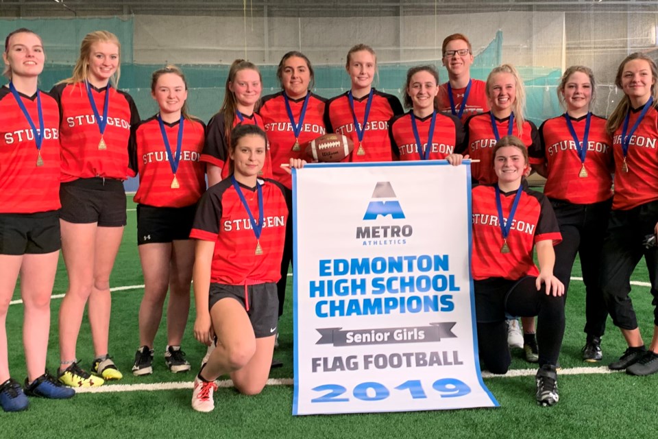 RAISING THE FLAG – The Sturgeon Spirits completed a banner season in metro Edmonton women's flag football with 10 wins without a loss in last week's 51-40 win over the Strathcona Lords in the league's inaugural final. The halftime score was 24-20 Sturgeon. The 12-player roster featured nine returnees from last year's trial season for the sport as Sturgeon finished tied for first with the St. Francis Xavier Rams. Metro Edmonton flag football is five-on-five with 18-minute halfs in the regular season and 25-minute halfs in the playoffs with straight running time. Touchdowns are worth six points and then teams can try a one-point conversion from the five-yard line (no running) or two-point conversion from the 12-yard line (run or throw).