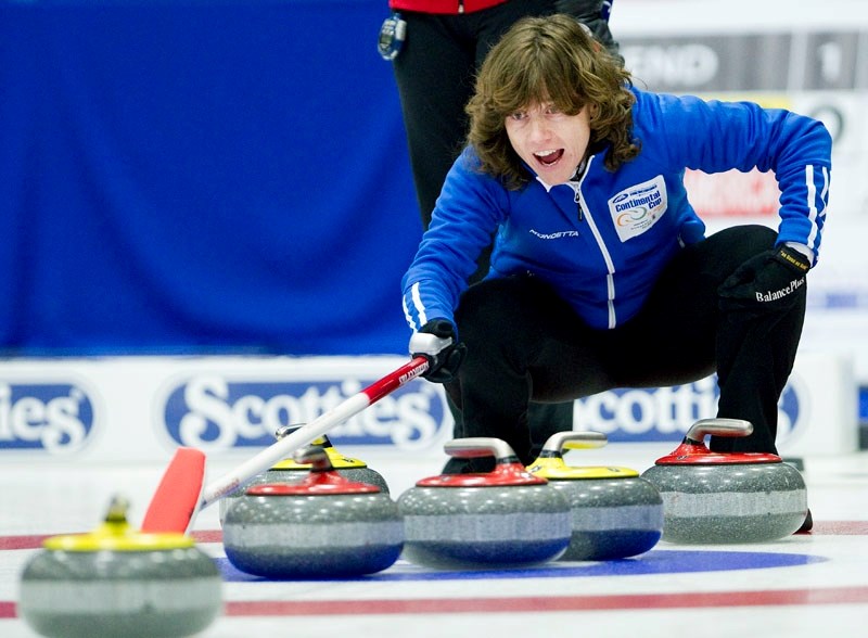 Swiss skip Mirjam Ott directs traffic from behind a pile of the rocks at the seventh annual World Financial Group Continental Cup at Servus Credit Union Place. The two-time