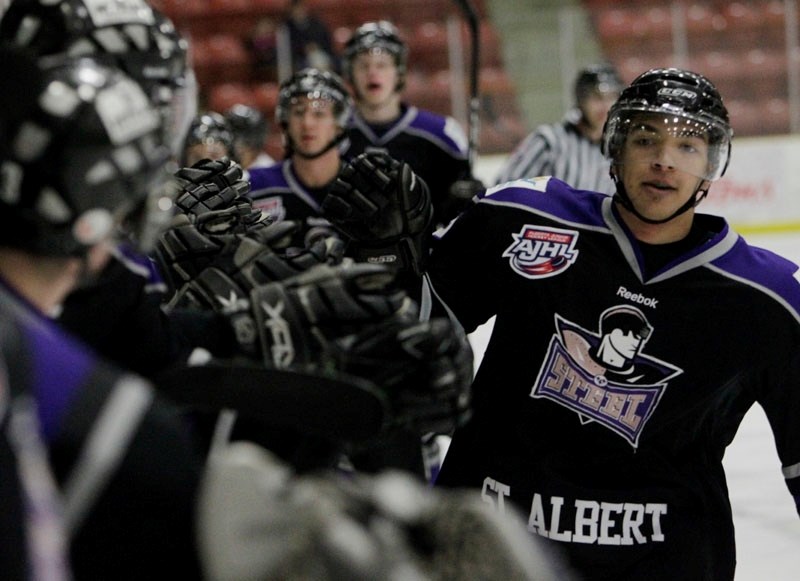 Jordan Kochan celebrates scoring the first goal of the game for the St. Albert Steel in Wednesday&#8217;s 6-4 win against the Lloydminster Bobcats at Performance Arena. The