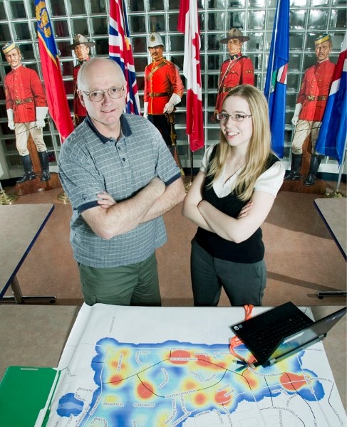 (L-R) Neighbourhood Watch board member Dale Fetterly and crime analyst Samara Birch utilize crime statistics to look for patterns and help police with local investigations.
