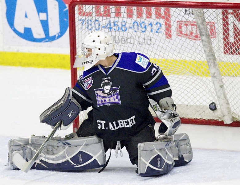 St. Albert Steel netminder Chris Sharkey lets in a goal against the Calgary Canucks in Saturday&#8217;s AJHL game at Performance Arena. In the 7-6 overtime loss