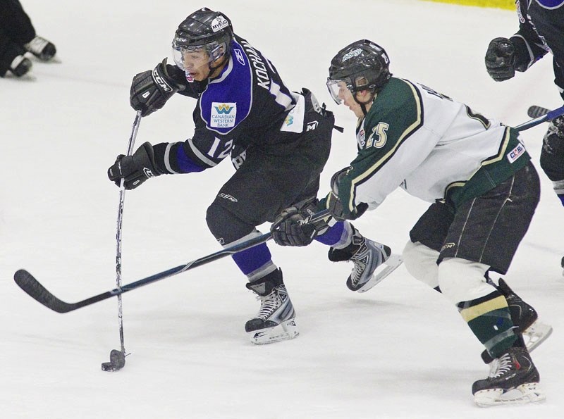 Jordan Kochan of the St. Albert Steel skates with the puck in Friday&#8217;s 3-1 win over the Okotoks Oilers at Performance Arena. In Sunday&#8217;s 4-1 loss in Sherwood Park