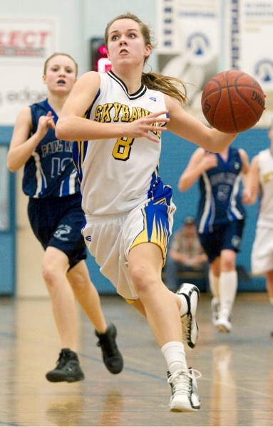 Amber Easthope dashes to the hoop for the St. Albert Skyhawks in Wednesday&#8217;s 66-45 victory over the Paul Kane Blues at the SkyDome. In the metro Edmonton premier