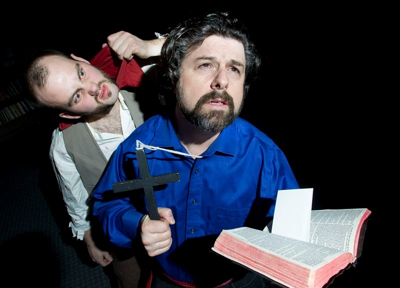 Actors David Wilson as Thomas Scott (left) and Paul David Mercier as Louis Riel rehearse a scene for upcoming performance of Hey
