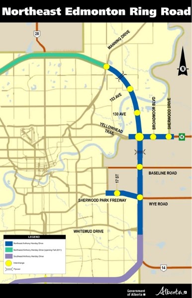 Premier Ed Stelmach announced the northeast leg of Anthony Henday Drive (blue) will be finished by 2016