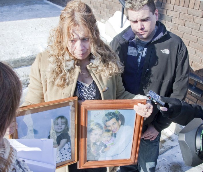 Betty Desjarlais and her son Quentin talk with the media outside the St. Albert courthouse Monday afternoon after a judge found Stephanie Rita Williams guilty of impaired