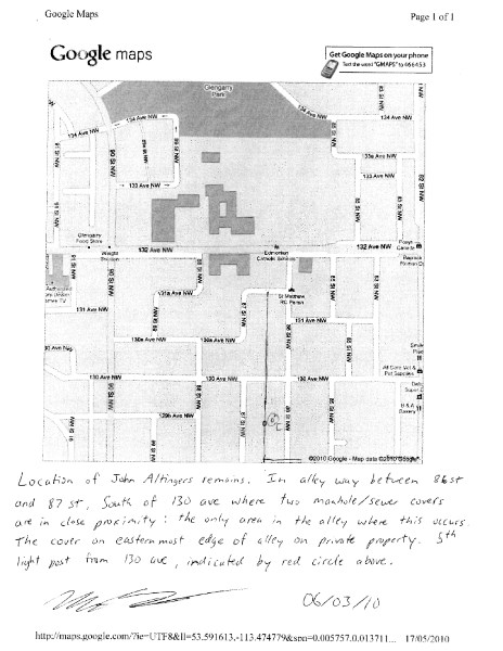 Jurors in the Mark Twitchell murder trial heard the accused handed over this Google map to police directing them to the location of Johnny Altinger&#8217;s remains.