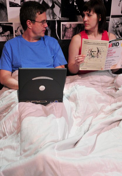 (L-R) Mike (Doug Mertz) and Lisa (Jocelyn Ahlf) are a married couple trying to use pornography to spice up their love life in the play Pervert