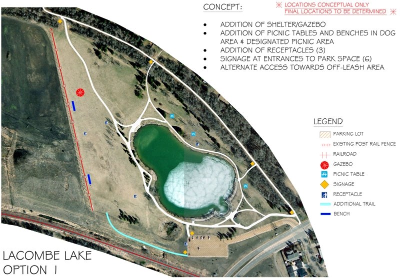 One concept design of the Lacombe Lake Park Dog Park would see part of the trail along the perimeter of the pond removed