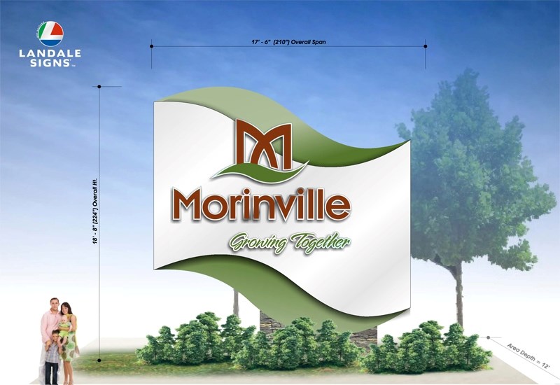 Morinville residents have been asked to pick one of these two designs for the town&#8217;s new entrance signs. Option one (pictured) features a wave-like background