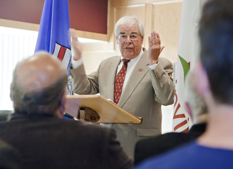 MLA for Barrhead-Morinville-Westlock Ken Kowalski talks to Morinville residents during a meeting at town hall on Monday where it was announced a new overpass is slated to be