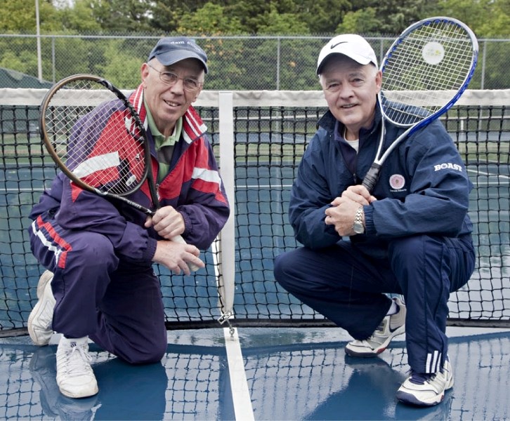 Hans Homfeldt (left) and Ron Riley of the St. Albert Tennis Club will compete in 65-plus men&#8217;s doubles at the National Senior Games in Houston