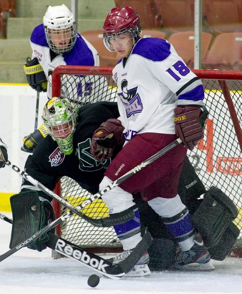 Andrew Gillespie of the St. Albert Steel bumps into Sherwood Park Crusaders goalie Pat Terriss in the second period of Saturday&#8217;s exhibition at Performance Arena.