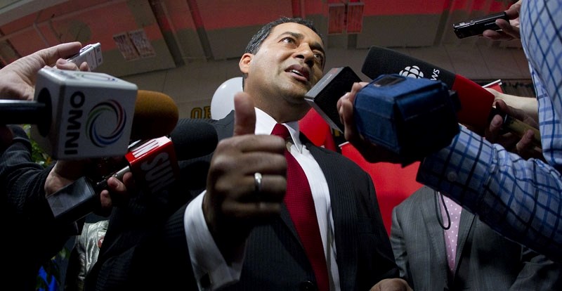 Newly-elected Alberta Liberal Leader Dr. Raj Sherman speaks to media after winning 54 per cent of the party&#8217;s votes Saturday afternoon at the University of Alberta