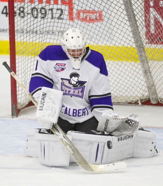 Ty Swabb was a busy netminder for the St. Albert Steel last weekend in the AJHL. Swabb stopped 30 shots in Saturday&#8217;s 3-2 loss to the Sherwood Park Crusaders in Spruce