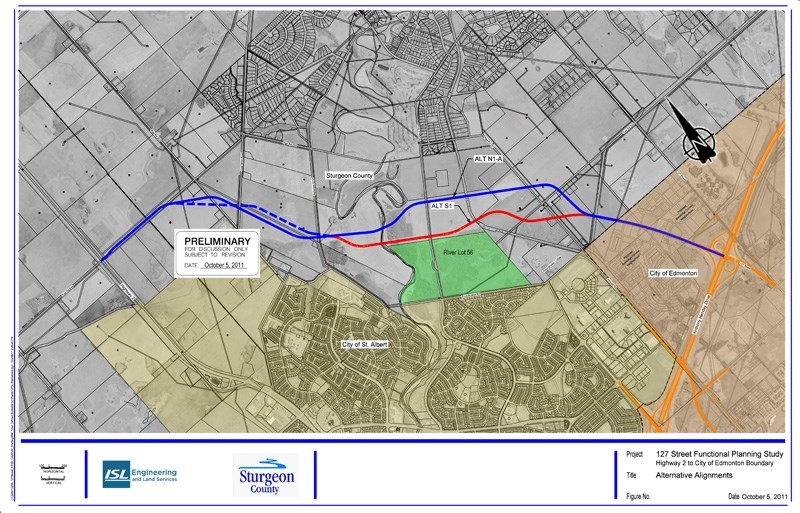 This conceptual maps shows the two proposed routes for the future realignment of 127 Street presented at an open house last week. The road