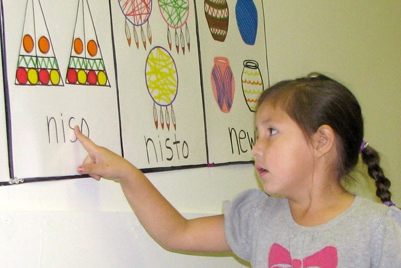 Four-year-old Alayah Lagrelle points to the number two. Alayah attends the K-4 Cree Immersion class at Kipohtakaw Education Centre at Alexander First Nation.