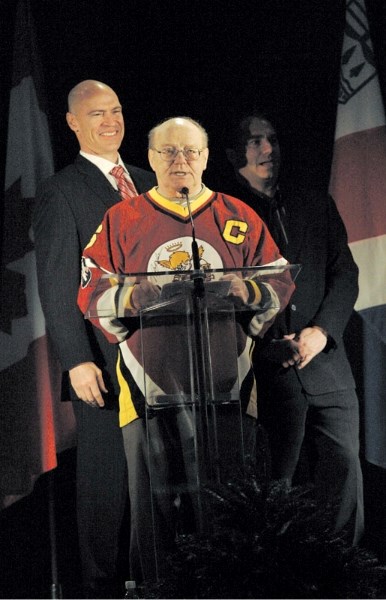 Hockey historian and stats guru Larry Mitchell delivers a speech during a ceremony in 2007 to honour former St. Albert Saint Mark Messier. Mitchell was involved in the Saints 