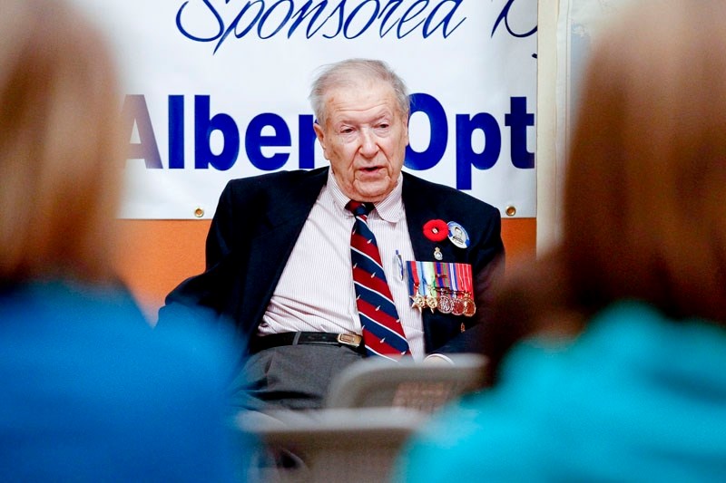 Second World War veteran Monte Stout gives a talk to members of the public at the St. Albert Library on his wartime experiences.