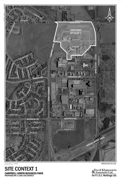 The developer of Campbell Business Park North (outlined area) is seeking to create a new land use district that would allow more types of businesses to locate in the area.