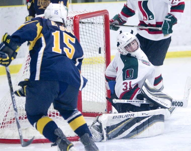 Trace Elson scored against South Side Athletic Club netminder Nathan Park to make it 2-1 for the St. Albert Raiders early in the second period in Sunday&#8217;s midget AAA