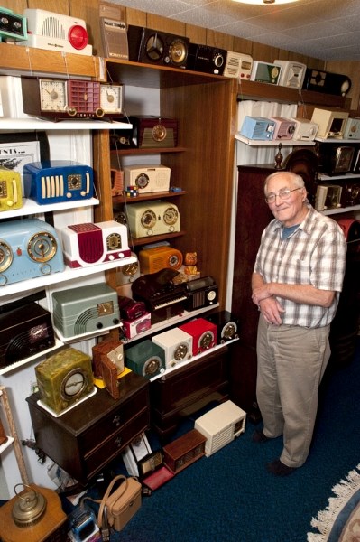 Edmonton vintage radio collector Gordon Wilson shows off a portion of his collection of old radios. These particular radios are from the post-war period