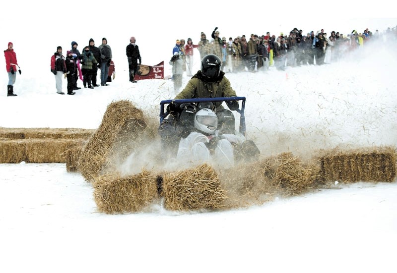 Dalhousie University&#8217;s Pac Man team smashes through the safety barrier at the end of the 2011 Great Northern Concrete Toboggan Race. The team was one of the fastest to