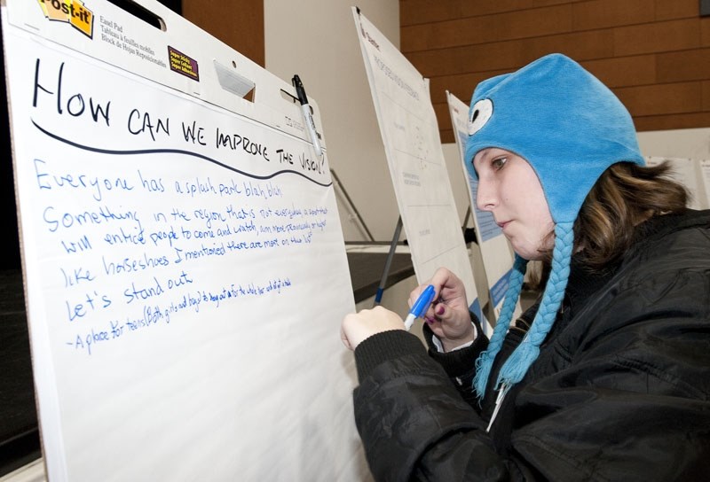 REGIONAL RECREATION — Mireya and Erynn Watson discuss a proposed Regional Recreation Plan at an open house held last week at Morinville&#8217;s Community Cultural Centre. The 