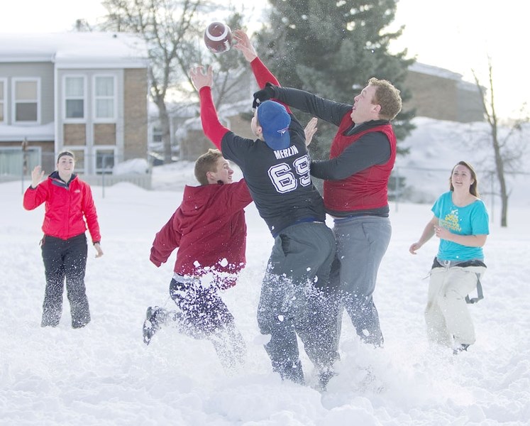 SNOW BOWL &#8211; Paul Flynn was flagged for pass interference on this play during the St. Albert Rugby Football Club&#8217;s annual football game prior to the Super Bowl on