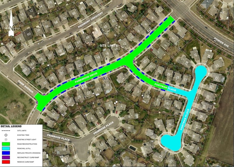 PINEVIEW PLAN – Parkwood Drive (green) and Portman Place (blue) will be rebuilt over a three-month period this upcoming summer. Area residents won&#8217;t have access to