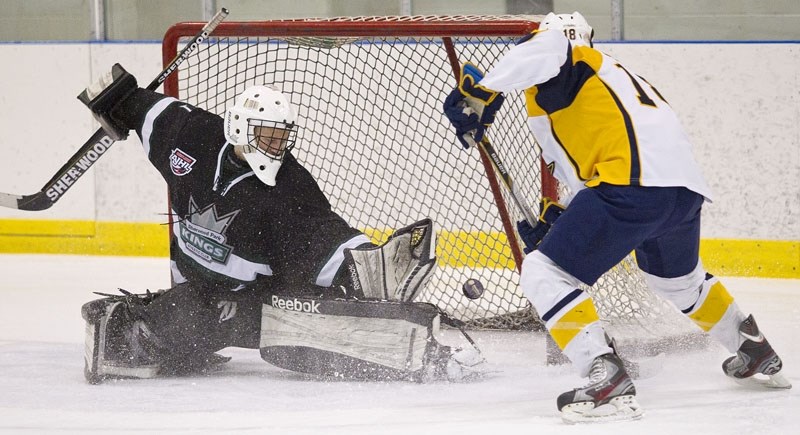 LIGHTING THE LAMP &#8211; Tristen Gavin scored the St. Albert Flyers&#8217; only goal against Sherwood Park Squires&#8217; netminder Zach Klassen in Thursday&#8217;s 5-1 loss 