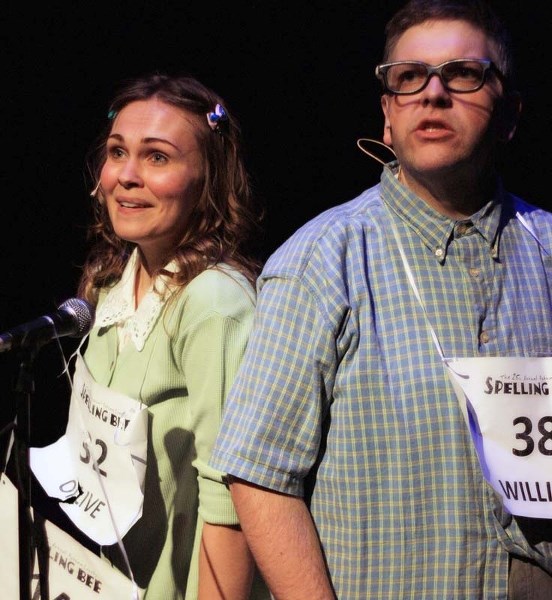 SPELLING BEE – The last two spellers duking it out for the championship. On the left is Olive Ostrovsky played by Sturgeon County&#8217;s Nadine Veroba and on the right is