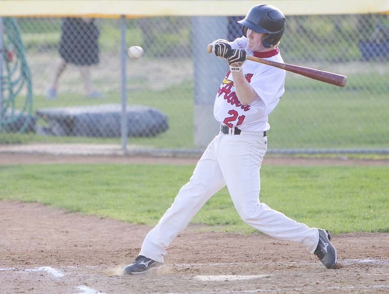 BATTER UP &#8211; Josh Hardie of the St. Albert Junior Cardinals swings at a pitch from the Westlock Red Lions on Tuesday night in the North Central Alberta Baseball League.