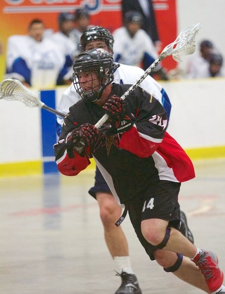 CHARGING FORWARD &#8211; Graedon Cornfield of the senior B St. Albert Miners rushes past an opponent during Sunday&#8217;s 10-9 decision against the Calgary Mountaineers at