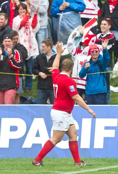 FAN FAVOURITE &#8211; Team Canada prop Andy Tiedemann waves to supporters in the St. Albert section of the crowd at the conclusion of the Pacific Nations Cup match against